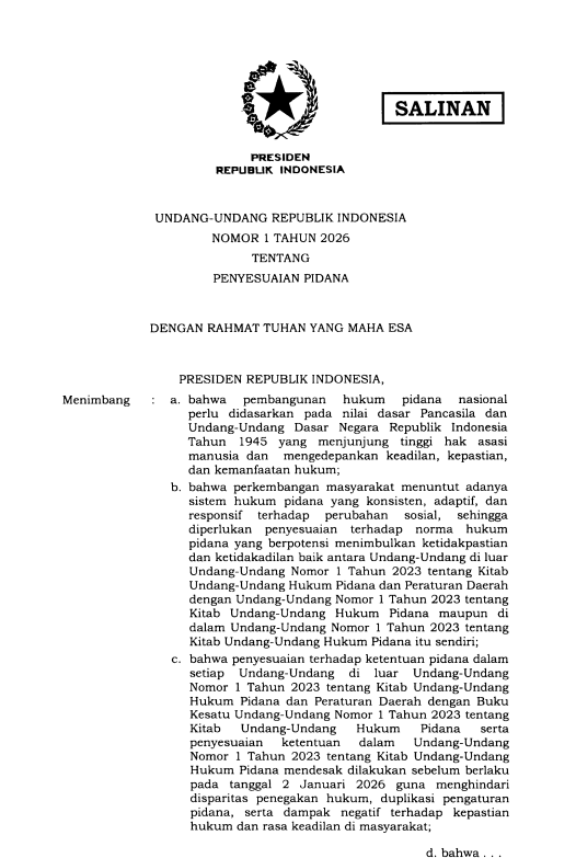 Undang-Undang Nomor 1 Tahun 2026 tentang Penyesuaian Pidana